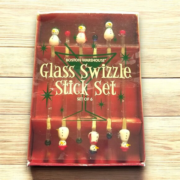 Glass Swizzle Sticks Set-6 Frosty Snowman Holiday's Barware Collection Boston - Picture 12 of 12